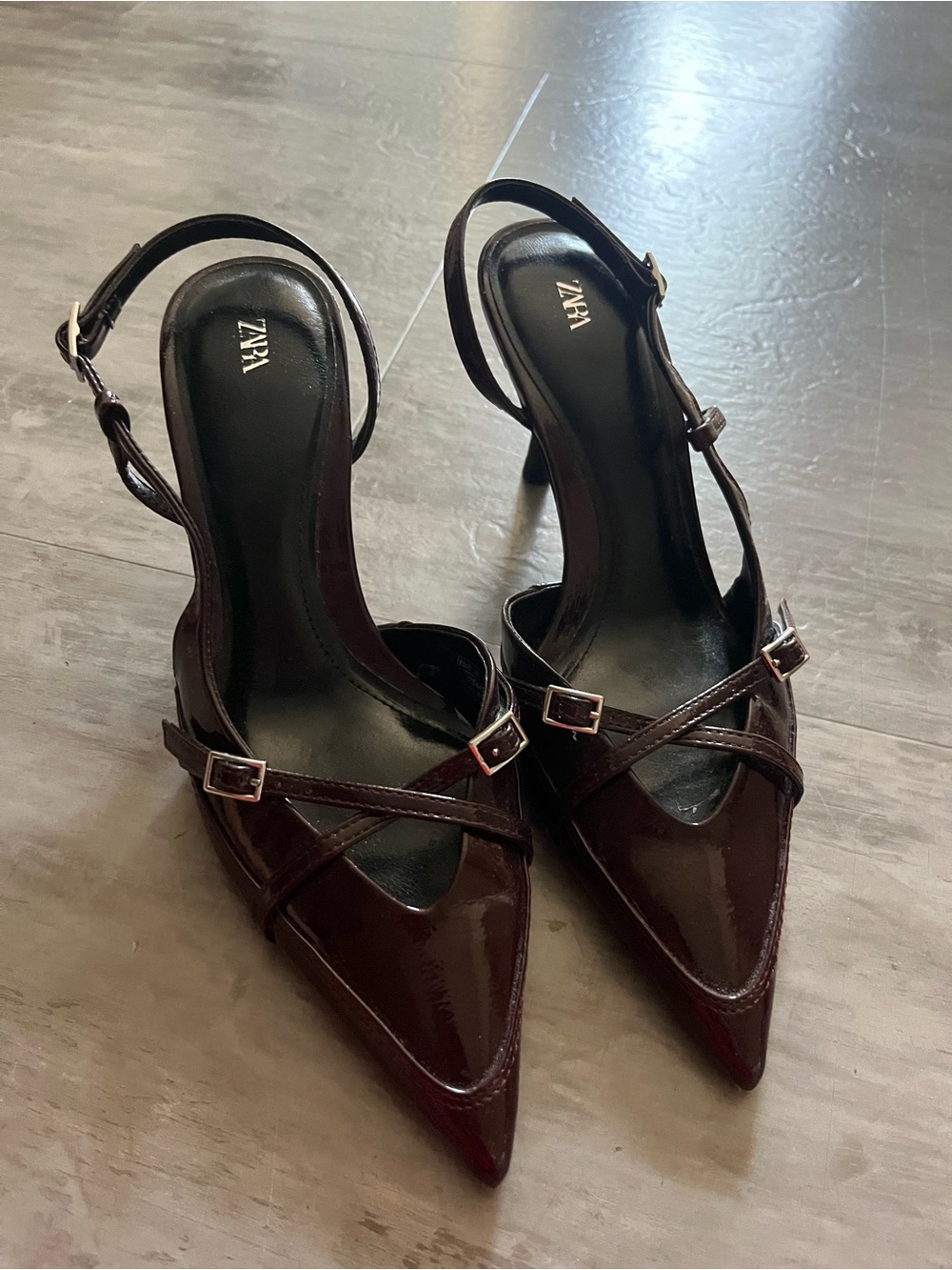 Zara Patent Pointed Slingback Heels in Deep Burgundy